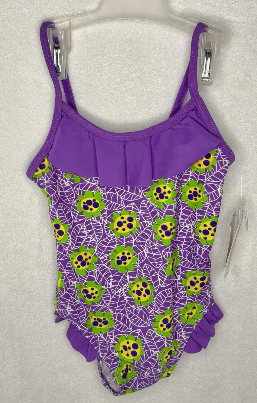 12m Toddler Girl Purple/Green Tropical Flowers One-Piece Bathing Suit w/Ruffles